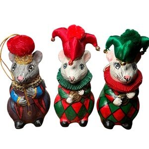 Set of 3 Vintage Handpainted Papier Mache Jester Mouse Ornaments Mice Christmas